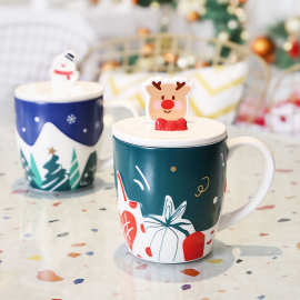 圣诞马克杯 卡通情侣对杯麋鹿雪人陶瓷马克杯带盖子水杯套装厂家