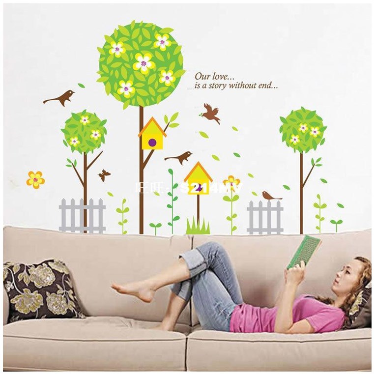 Green tree bird house wholesale PVC removable wall stickers|ru