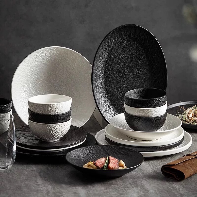 Frosted Stone-Patterned Tableware Three-Piece Set of Bowls, Plates, and Dishes for One Person, Hotel Hot Pot Restaurant Ceramic Tableware Frosted Stone-Patterned Tableware Three-Piece Set of Bowls, Plates, and Dishes for One Person, Hotel Hot Pot Restaurant Ceramic Tableware