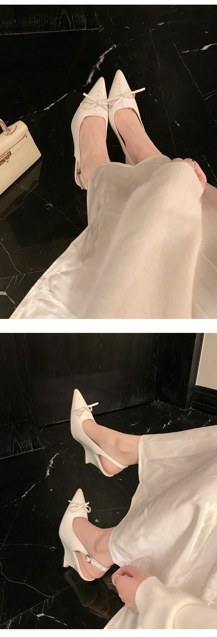 Sandal cao gót nữ mũi nhọn hở gót, gót xuồng 9 cm, nơ bướm — màu đen, màu trắng ngà chi tiết 13