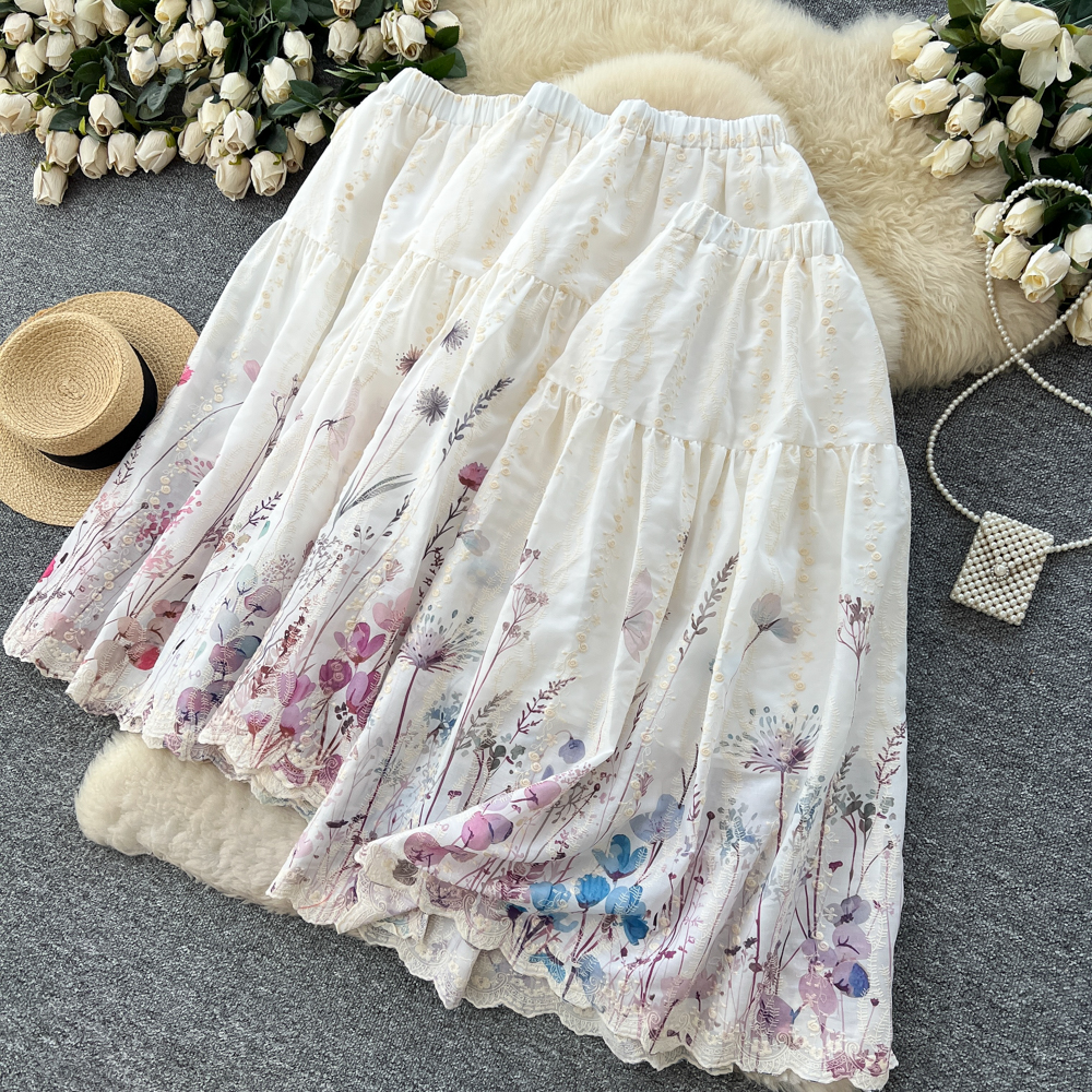 Women's French Sweet Style Floral Print Patchwork A-Line Midi Skirt High Waist Slimming mid Length Summer Fairy like Cake Skirt_ecoleips.com