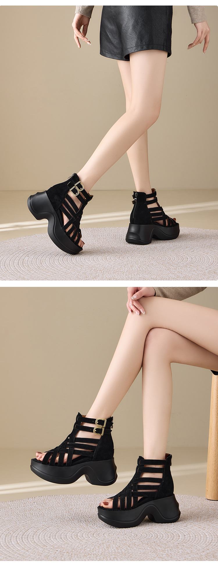 Sandal da bò cổ điển nữ cao cổ quai hậu khóa kéo lỗ thoáng khí — màu đen, màu mơ chi tiết 9