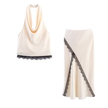 PB&ZA女装2025年秋季新款蕾丝饰挂脖领上衣3532896+半身裙3530896