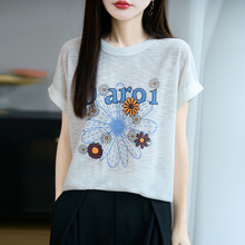 25年夏季新款竹节麻圆领针织衫短袖T恤女雏菊印花宽松打底衫上衣