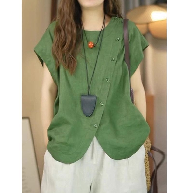 Dopamine Style Summer New Button Design Slit Tank Top Retro Sleeveless Casual Top T-Shirt for Women