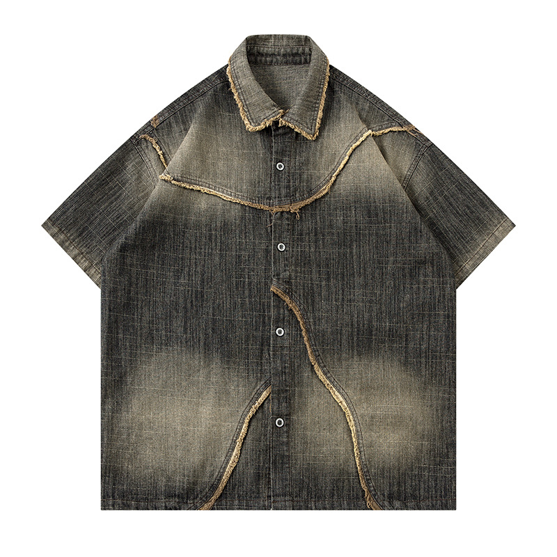 Trendige Marke für ausländischen Handel: Kurzarm-Denim-Hemd mit Used-Look und Farbverlauf für Damen und Herren, europäische und amerikanische Modelle._voghion.com