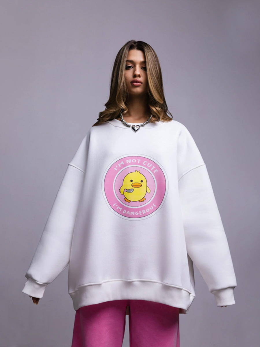 Transfronterizos cuello redondo impresión jersey Europa y América 2025 otoño nuevo estilo de mujer estilo deportivo pato amarillo + letras impresión jersey