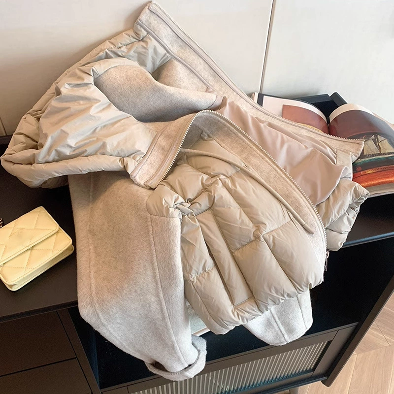 设计感毛呢拼接连帽抽绳棉服女冬季2024新款气质保暖短款夹棉外套