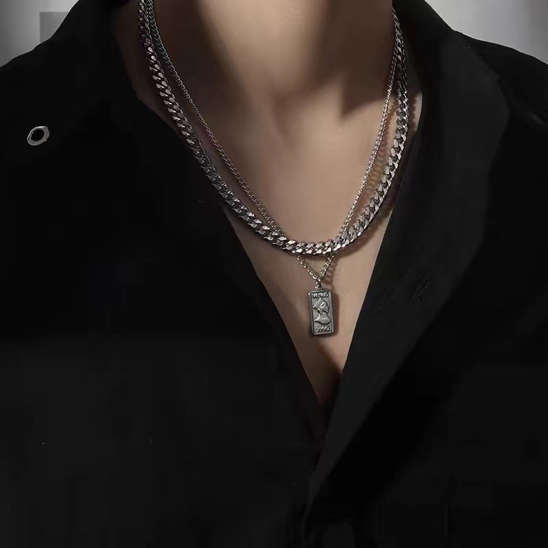 43g Weight Titanium Steel Pendant Material Double Layer Necklaces Classification Hip-Hop Human Titanium Steel Polishing Unisex Double Layer Necklaces Men Layered Necklaces