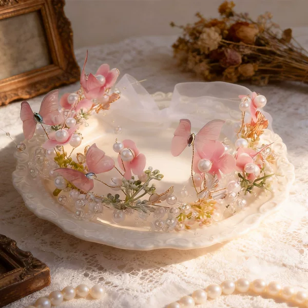 Imitation Pearl Colorful Flower Headband, Forest Style Bridal Wreath Headpiece, Fairy Butterfly Hairband, Elf Fairy Hair Accessory for Women