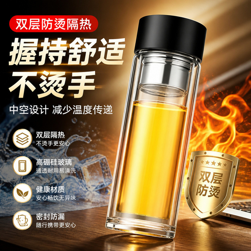 Glass water cup with magnetic tea infuser, men's double-layer magnetic tea infuser cup, 2026 new model, one-touch opening Glass water cup with magnetic tea infuser, men's double-layer magnetic tea infuser cup, 2026 new model, one-touch opening