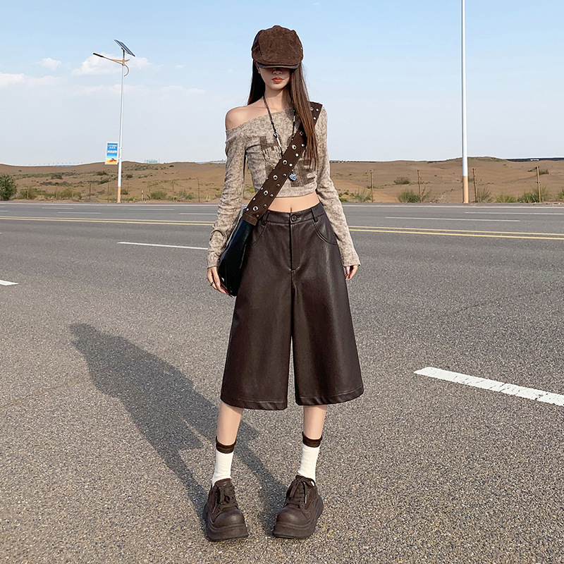 Brown Straight-Leg Pu Leather Mid-Length Shorts for Women, Autumn and Winter New Style, Versatile, Loose, Slimming, High-Waisted Shorts, Knee-Length Shorts