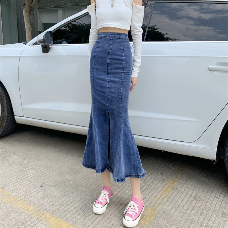 デニムの尾のスカートの半身のスカートの女性の夏の新型はフォークを開けて腰が高くてやせている弾力が現れます。|undefined