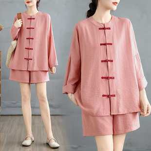 3723 New Chinese Style Suit Women's Summer New Style Button Cotton and Linen Sunscreen Shirt Casual Shorts Two-Piece Set