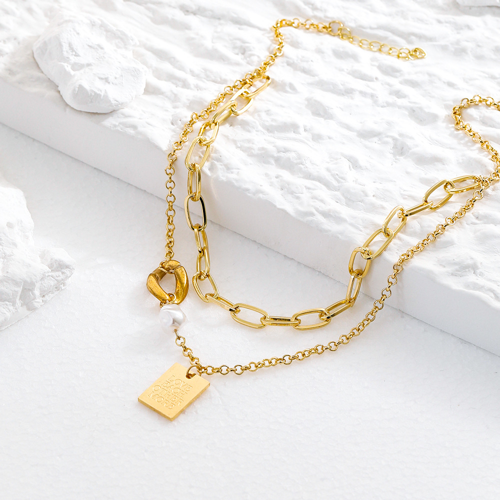 Retro Letter Square Stainless Steel Necklace Plating Artificial Pearls Stainless Steel Necklaces