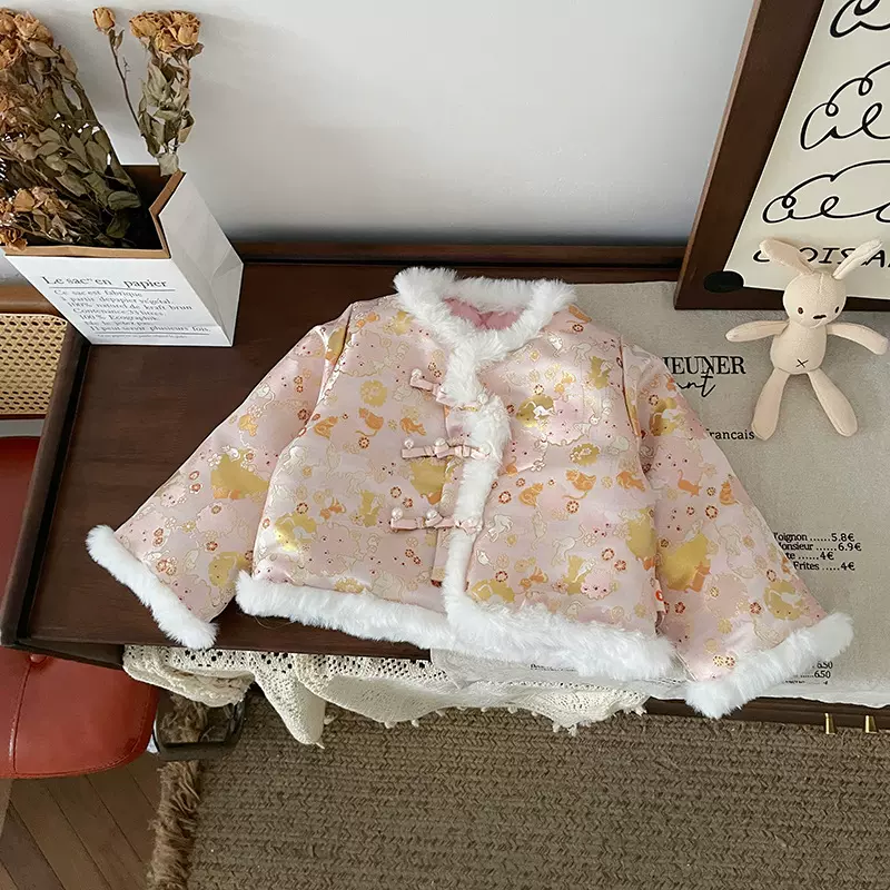 DY246101儿童外套2024冬季新款夹棉加厚卡通印花中式风毛呢外套宝