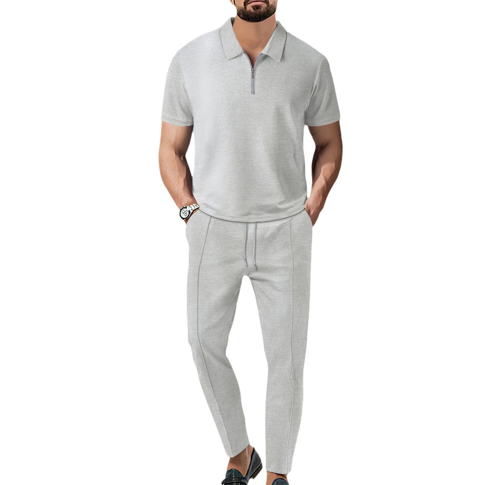 2025 Spring Autumn New European And American Style Men's Solid Color Suit Waffle Collar Short Sleeve Zipper Long Pants_voghion.com