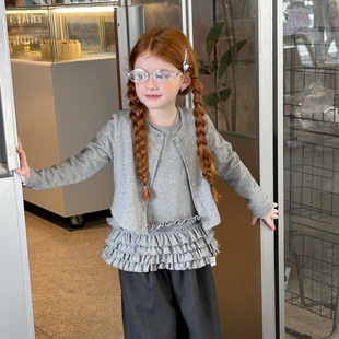2025 New Autum Girls Korean Fashion Simple Pure Color Lace Vest + Long-Sleeved Jacket Two-Piece Set