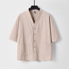 ゆったり夏新作中国風紳士服大きいサイズ綿麻メンズ7点唐スーツシャツVネックボタン付き七分袖メンズ