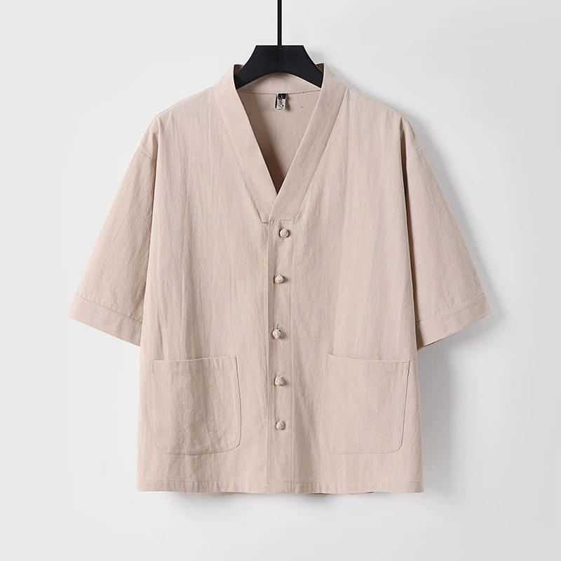Свободная летняя новая мужская рубашка в китайском стиле больших размеров из хлопка и льна, мужская рубашка Tang 7/8 с v-образным вырезом и пуговицами, мужская рубашка с рукавом три четверти.