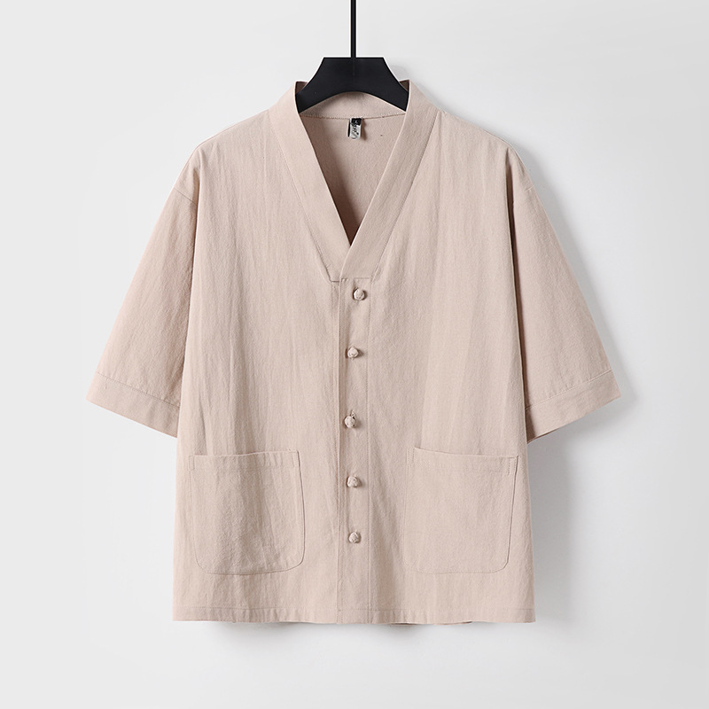 Kuan Songxia New Chinese Style Men's plus size Cotton and Linen Men's 7-point Tang Dress Shirt V-neck Buckle Seven-point Sleeve Men