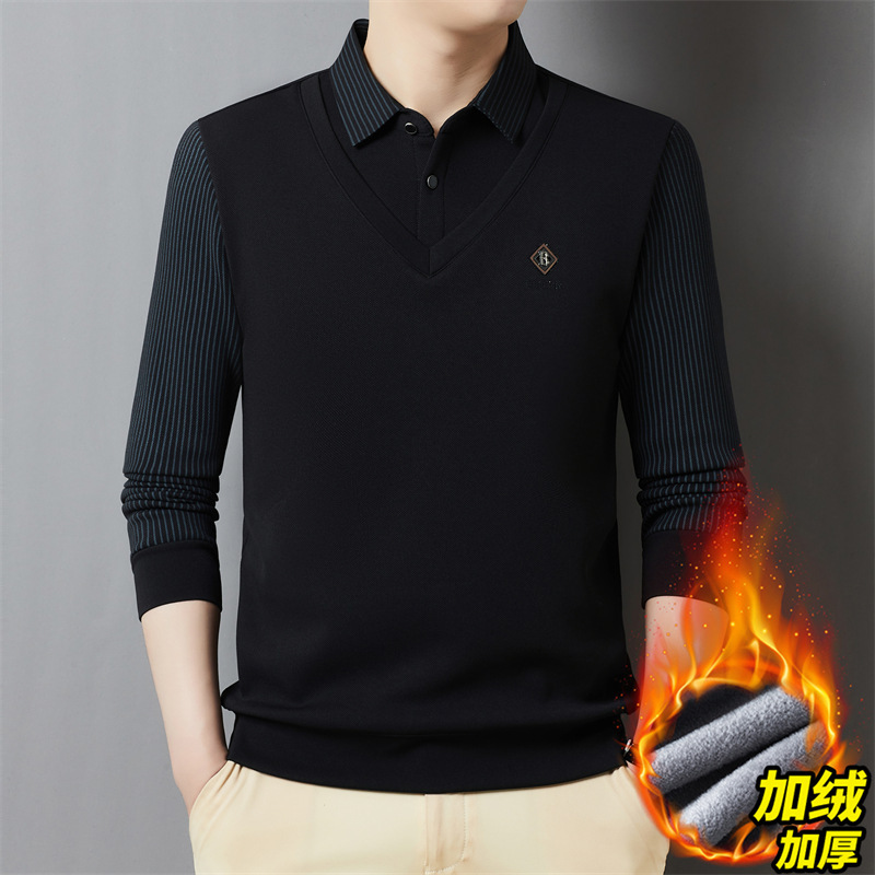男士Polo衫加绒加厚秋冬新款时尚休闲保暖翻领假两件条纹长袖上衣|undefined
