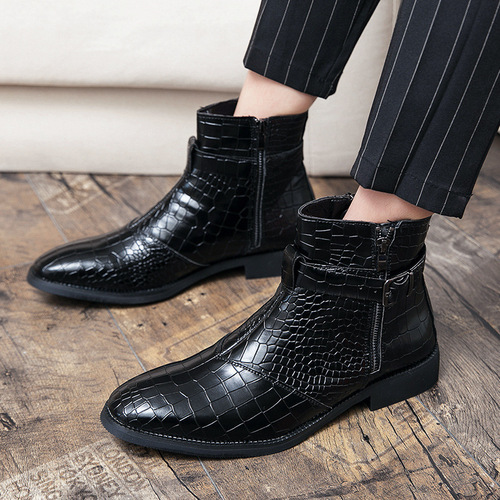 Large size pointed-toe men's autumn/winter leather boots with crocodile pattern short boots trendy leather shoes