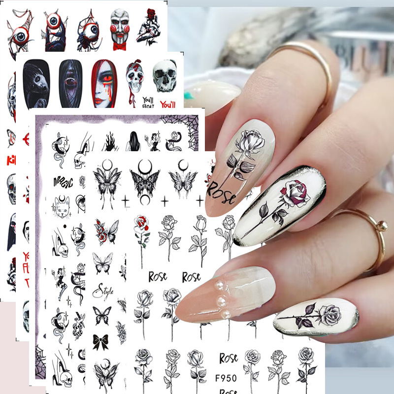 Halloween nail stickers ghost festival nail decals dark Butterfly bloodthirsty rose skull zombie F950-959 Halloween nail stickers ghost festival nail decals dark Butterfly bloodthirsty rose skull zombie F950-959