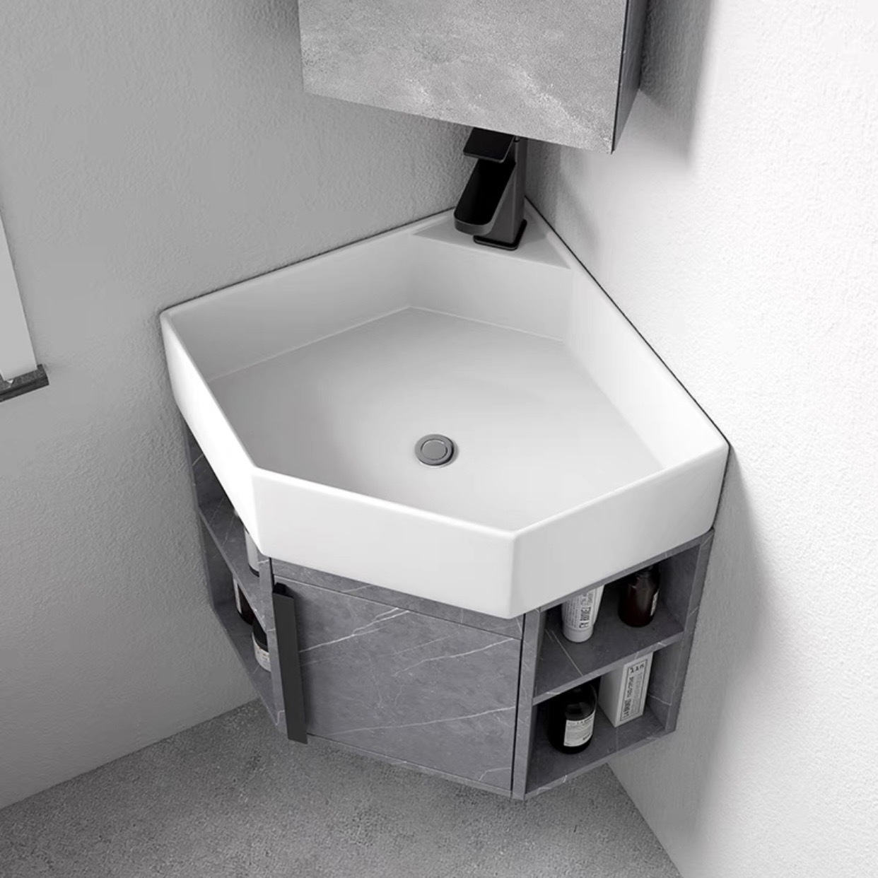 gabinete de lavabo triangular combinado tipo pequeño gabinete de baño de PVC esquina lavabo de pared esquina lavabo