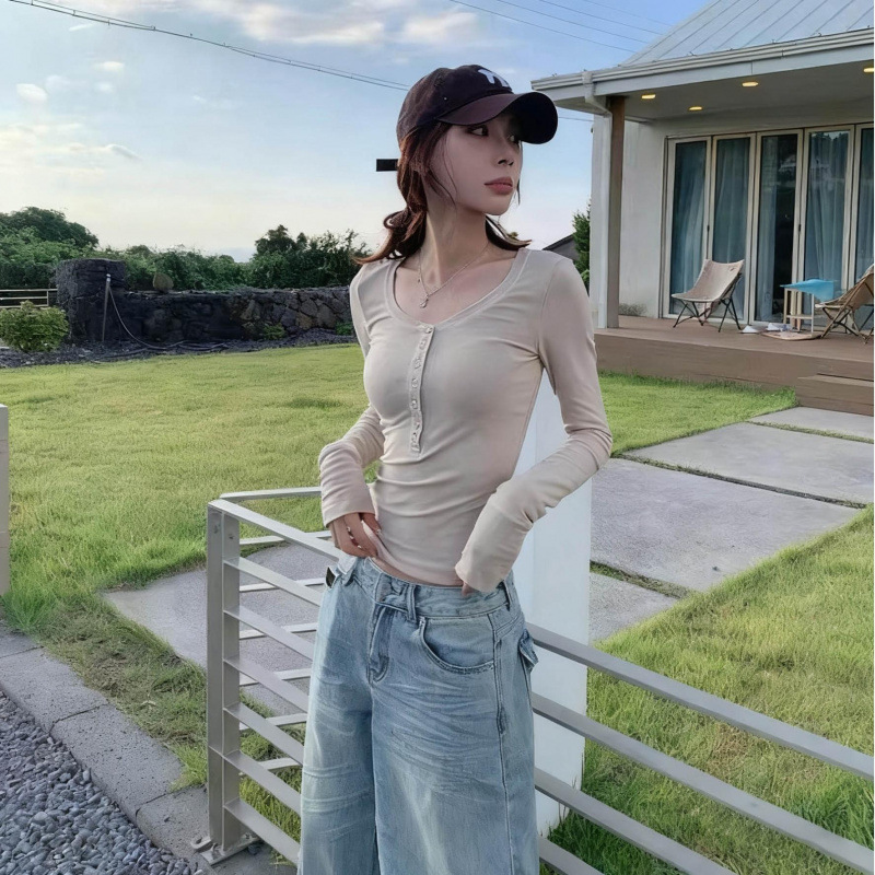 十三行亨利扣修身显瘦长袖打底T恤女秋2025新款圆领薄款上衣潮|undefined