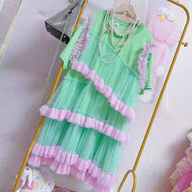 网纱拼接设计长裙甜美少女可爱派对裙木耳边撞色连衣裙夏季服装