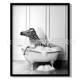 亚马逊跨境黑白趣味动物墙壁艺术清洗斑马浴室图片油画布画芯无框