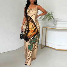 跨境外贸欧美连衣裙2025夏季新款wish独立站吊带裙蝴蝶印花一步裙