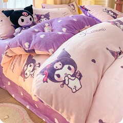 クロミは牛乳の絨毯を厚くしてベッドの上の4セットの2024新型子供の両面のサンゴのフランネルの布団のシーツを厚くします。