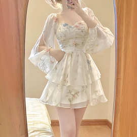 防晒雪纺碎花连衣裙女高级感气质仙女不规则裙收腰小个子短裙欧美
