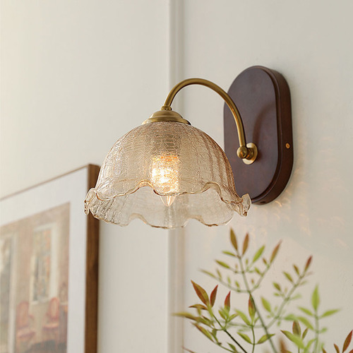 Ins-style solid wood wall lamp, Japanese glass minimalist bedside lamp, hallway lamp, American bedroom Nordic retro wall lamp