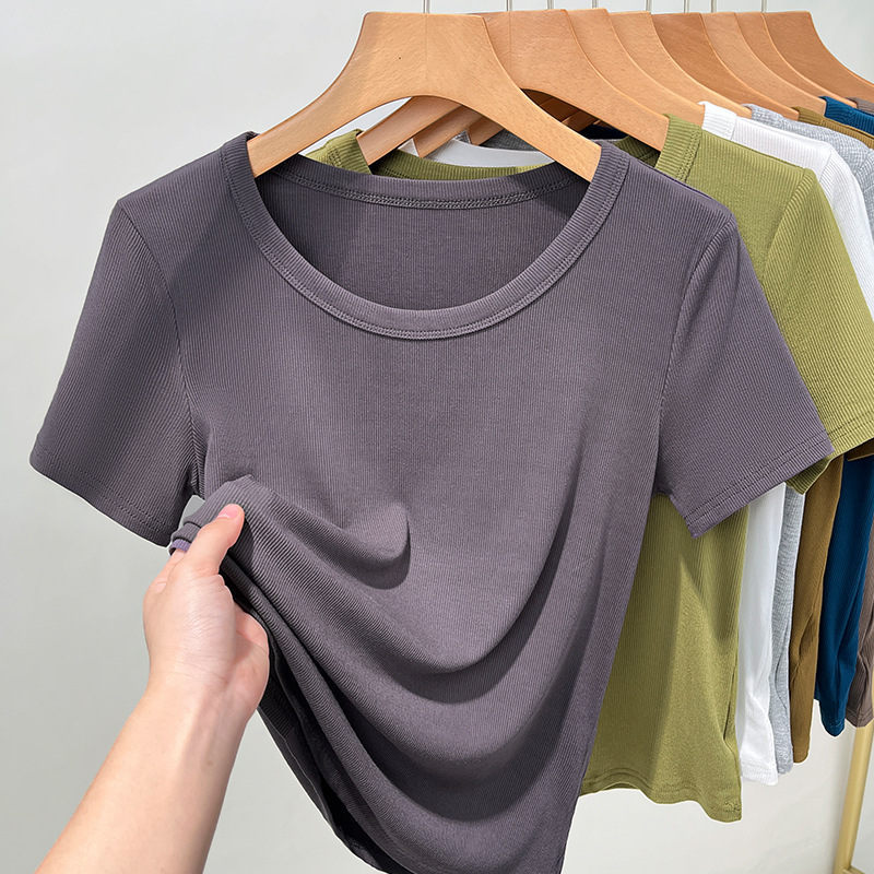 T-shirt de mangas cortas de rosca para mujeres 2025, nueva ropa de mujer de color sólido con camiseta de base elegante de cuello redondo de cintura