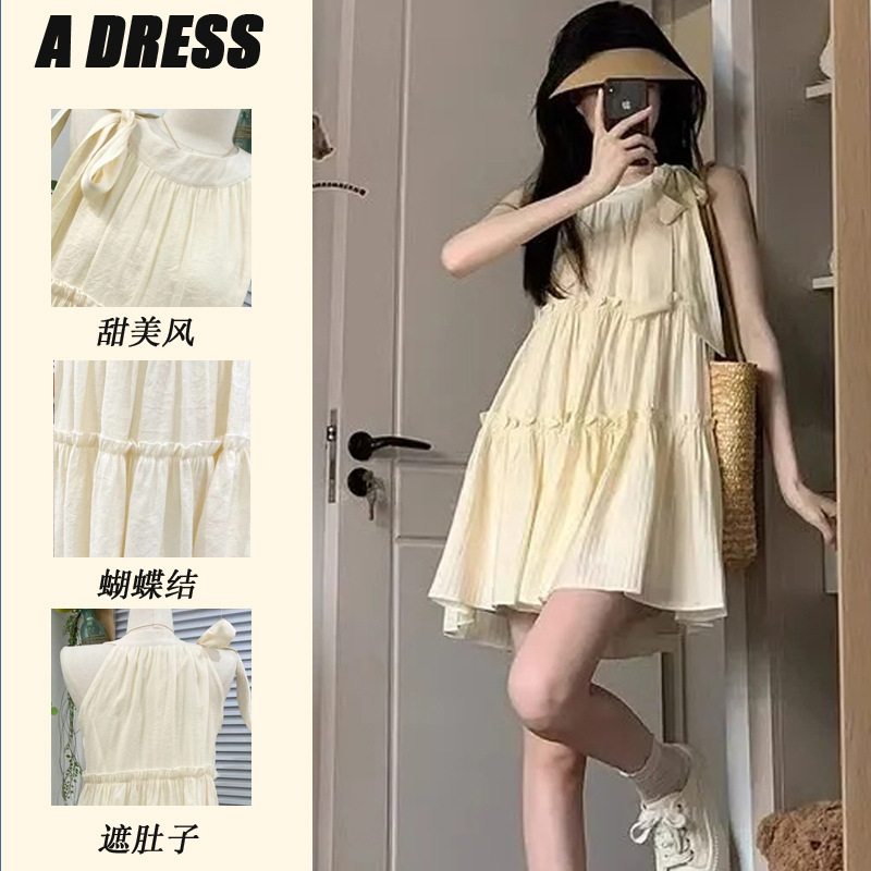 Maternity Wear for Outer Wear, Summer Gentle Fairy Skirt, Halter Neck, Sleeveless, Sweet Dress for Pregnant Mothers Who Are Petite and Do Not Show Pregnancy