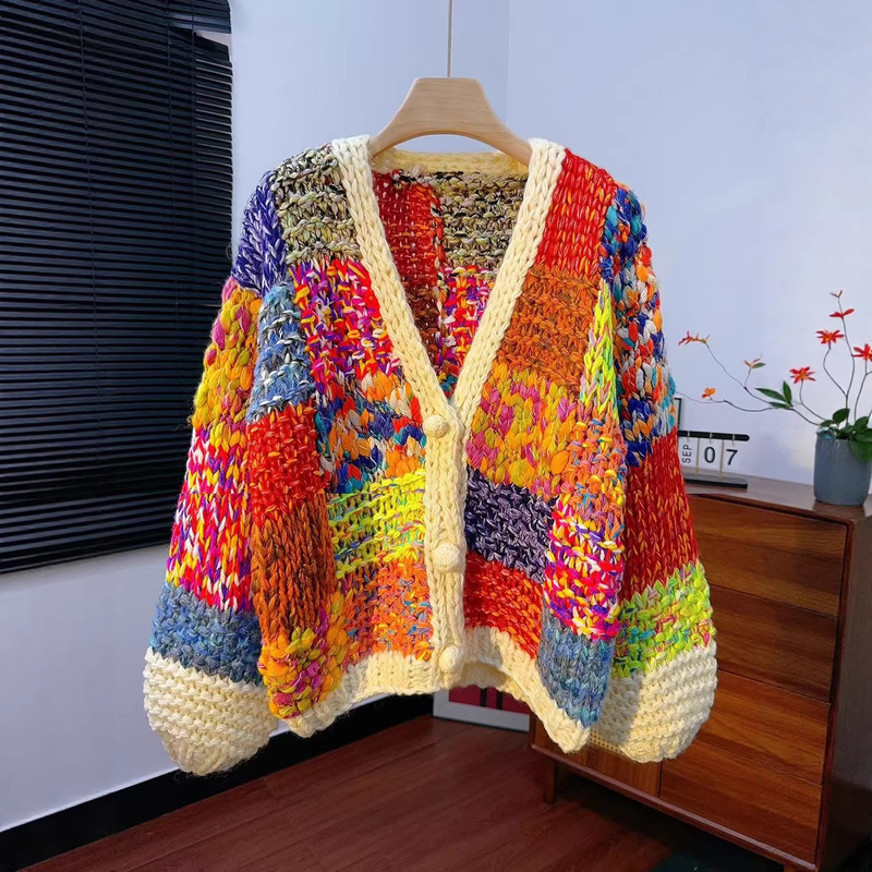 In Stock European and American Cross-Border New Foreign Trade Rainbow Sweater Cardigan, Color-Blocking Retro Sweater, Lazy Cardigan Coat for Women