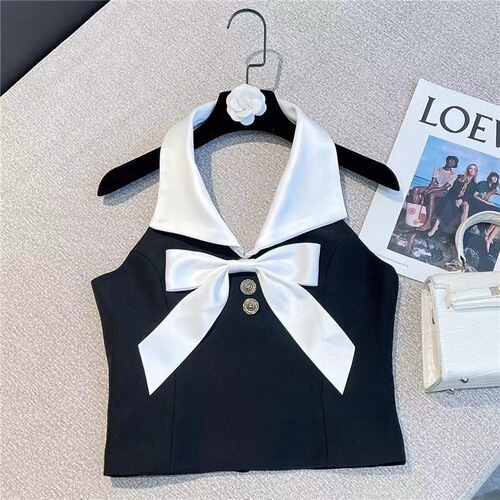 Girls 2024 new summer style lapel halter strap chest sweet bow two-button back zipper vest