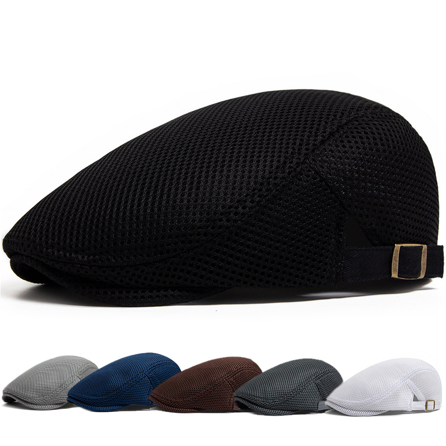 Men's Beret Summer Hollow Mesh Breathable Forward Hat Women's Retro Sun Protection and Sunshade Duck Tongue Hat for Middle-aged and Elderly