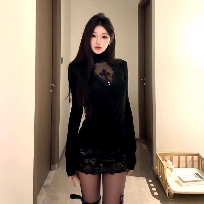 Cross Lace Stitching Long-sleeved T-shirt Women's Spring Sweet Spice Girl Tight Waist Base Shirt Black High Collar Top