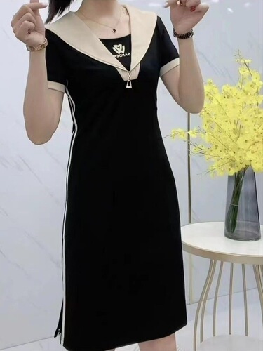 Western-style 2025 summer new style fake two-piece zipper navy collar dress fashionable slimming and skin-covering mid-length dress