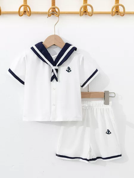 Boys' Small Navy Short-sleeved Two-piece Set Children's Summer Thin Baby's Academy-style Split Sail Suit suit Cross-border