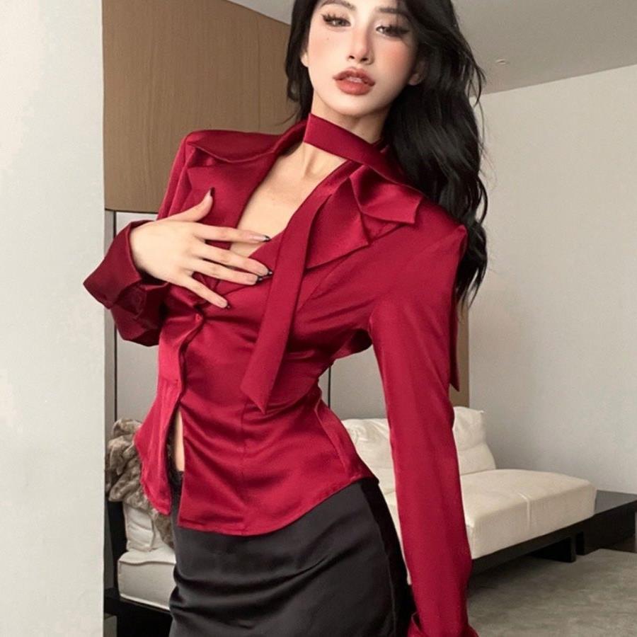 새틴 셔츠 여자의 2024 봄 새로운 스타일 숙녀 우아한 리본 원피스 칼라 셔츠 프랑스 세련된 짧은 탑