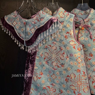 JA新中式女童提花连衣裙秋冬丝绒拼接流苏披肩儿童国风礼服马甲裙