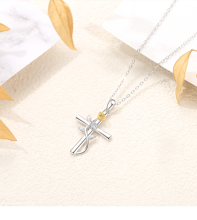 925 sterling silver Chain Material 1 Piece Quantity 925 Sterling Silver Zircon Inlay Cross Rose Pendant Necklace
