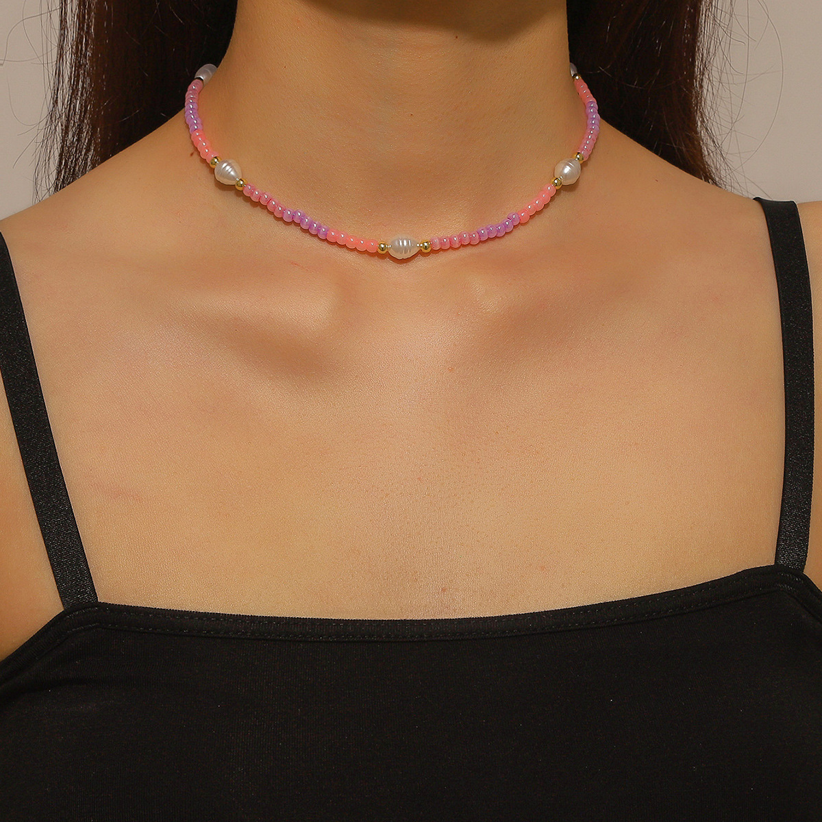 New ins color beaded necklace Women's versatile high end sense does not fade Bee handmade beaded necklace_voghion.com