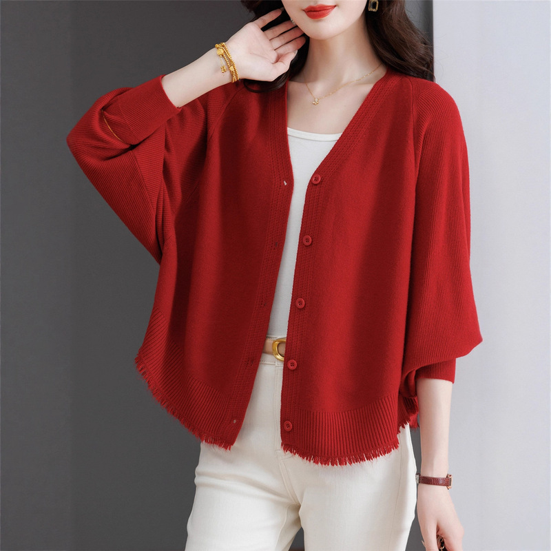 Tassel Bat Sleeve Knitted Cardigan Loose 2025 New Large Size Casual Spring & Fall Short Sweater Jacket for Women