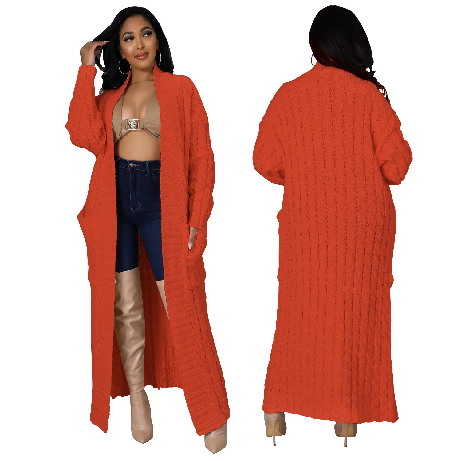 2025 nuevo otoño e invierno Amazon ropa de mujer europea y americana moda bolsillo cárdigan casual suéter de manga larga largo color sólido exterior